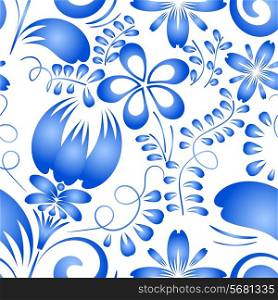Ornament of blue flowers on a white seamless background. Gzhel. Vector illustration.