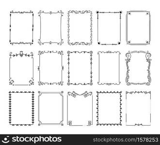 Ornamental borders. Vintage decorative frames with flourish elements and antique filigree. Flat black lines on white isolated background vector square ornate for certificate and greeting cards. Ornamental borders. Vintage frames with flourish elements and antique filigree. Flat black lines on white isolated background vector square ornate for certificate and greeting cards