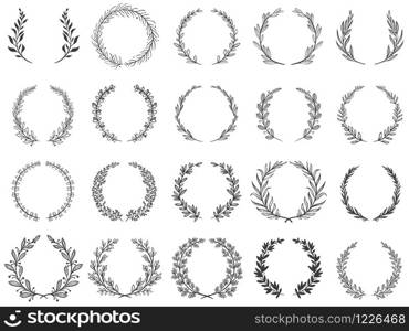 Ornamental branch wreathes. Laurel leafs wreath, olive branches and round floral ornament frames vector set. Bundle of victory or triumph symbols, natural decorative design elements with bay foliage.. Ornamental branch wreathes. Laurel leafs wreath, olive branches and round floral ornament frames vector set