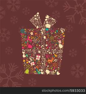 Ornamental Christmas gift box with reindeers, snowflakes and flowers, vector illustration