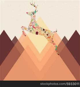 Ornamental Christmas reindeer and mountains, vector illustration