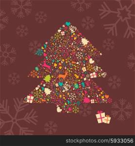 Ornamental Christmas tree with reindeers, gift boxes and snowflakes, vector illustration