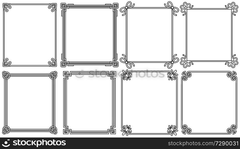 Ornamental corners in different style collection, vintage decorative elements, floral and geometric decor on borders vector illustrations set on white. Ornamental Corners Different Style Vintage Set