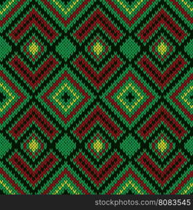 Ornamental ethnic knitting seamless vector pattern as a knitted fabric texture mainly in green hues and in red and yellow colors