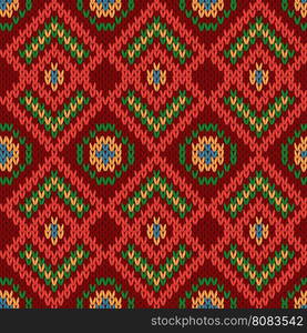 Ornamental ethnic motley knitting seamless vector pattern as a knitted fabric texture in red, green, blue, and orange colors