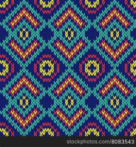 Ornamental ethnic motley knitting seamless vector pattern as a knitted fabric texture in blue, cyan, red and yellow colors