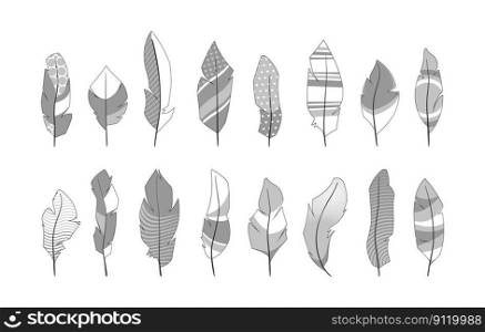Ornamental feathers. Abstract decorative bird wing plumelet shapes, creative fantasy tribal ethnic quill silhouettes simple flat style. Vector doodle set. Light objects decorated with stripes, spots. Ornamental feathers. Abstract decorative bird wing plumelet shapes, creative fantasy tribal ethnic quill silhouettes simple flat style. Vector doodle set