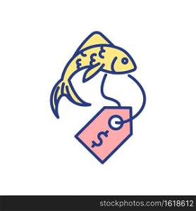 Ornamental fish farming RGB color icon. Purchase koi carp. Fishery, aquafarm production. Seafood selling price. Gold fish sale. Aqua farm. Aquaculture production. Isolated vector illustration. Ornamental fish farming RGB color icon