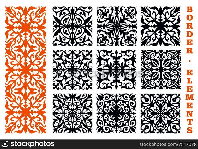 Ornamental floral design elements for border, frame or page decoration design usage with openwork flourish motif of flowers and leafy branches. Ornamental floral borders with flowers and leaves