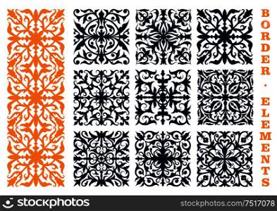 Ornamental floral design elements for border, frame or page decoration design usage with openwork flourish motif of flowers and leafy branches. Ornamental floral borders with flowers and leaves