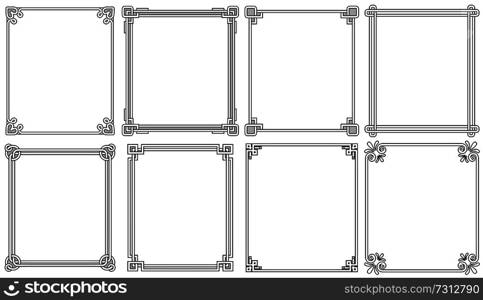 Ornamental frames with corners in different style collection, vintage decorative elements, floral and geometric decor on borders vector set on white. Ornamental Frames with Corners in Different Style