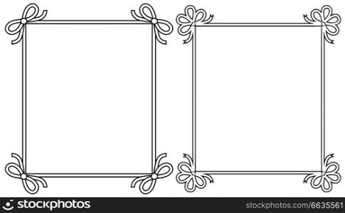 Ornamental frames with vintage decor elements, decorative bows vector illustration in linear style isolated on white background, colorless photoframes. Ornamental Frames with Vintage Decor Bows Elements