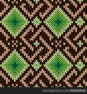 Ornamental geometric seamless knitted vector pattern as a fabric texture in brown, green and beige hues