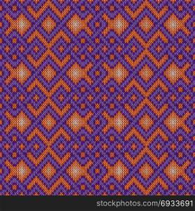 Ornamental geometric seamless knitted vector pattern in violet and orange hues as a fabric texture