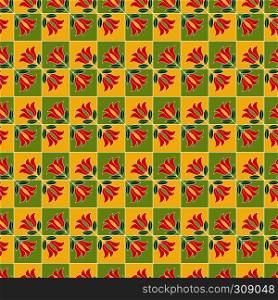 Ornamental geometric seamless vector pattern with flowers in yellow, red and green colors as a fabric texture