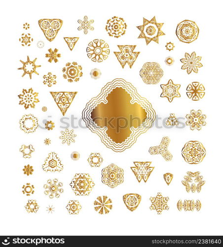 Ornamental gold circle frames. Vintage round pattern. Filigree vector frame. Ornate label for design and place for text.. Set of golden round frames.