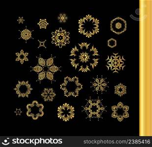 Ornamental gold round lace design. Christmas snowflakes set. Mandala gold round ornament pattern