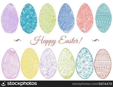 Ornamental hand drawn sketch of easter eggs in zentangle style. vector illustration with ornament and lettering happy easter, isolated.. Ornamental hand drawn sketch of easter eggs in zentangle style. vector illustration with ornament and lettering happy easter, isolated