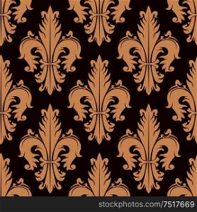 Ornamental heraldic fleur-de-lis seamless pattern with lush compositions of beige curly leaves on maroon background. Vintage wallpaper or upholstery design. Fleur-de-lis seamless pattern with curly leaves
