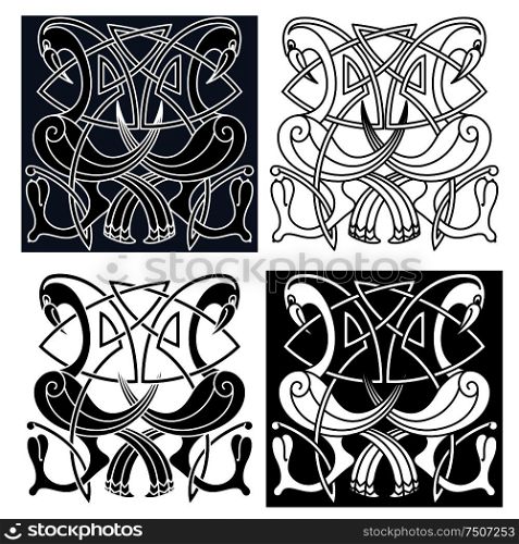Ornamental heron birds with curved tails and wings decorated by traditional celtic knot patterns, for tattoo or medieval embellishment design. Heron birds with celtic knot patterns