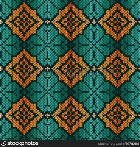 Ornamental knitting seamless vector pattern in turquoise and orange hues as a fabric texture