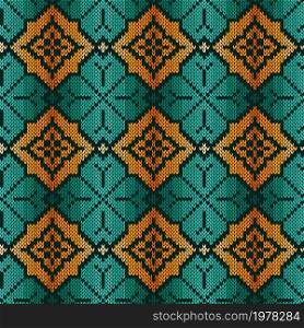 Ornamental knitting seamless vector pattern in turquoise and orange hues as a fabric texture