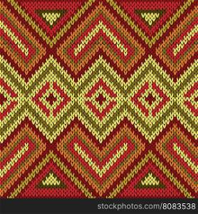 Ornamental knitting seamless vector pattern with perpendicular lines as a knitted fabric texture in bright warm hues of red, orange, yellow and green