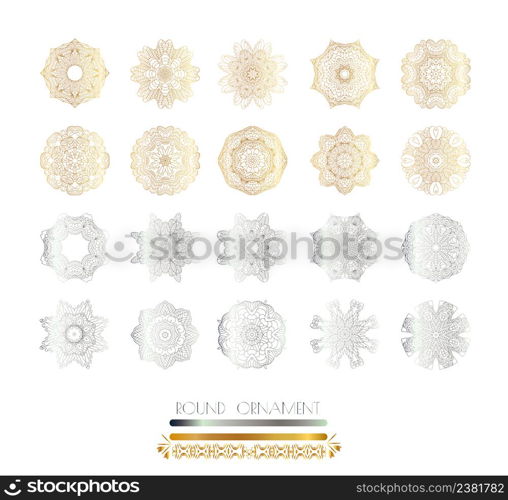 Ornamental lace pattern for wedding invitations and greeting cards. Gold, silver mandala on background .Traditional golden, silver decor. Golden, silver mandala