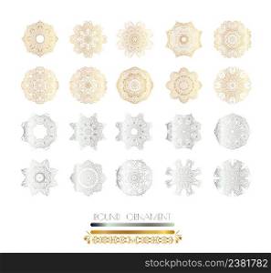 Ornamental lace pattern for wedding invitations and greeting cards. Gold, silver mandala on background .Traditional golden, silver decor. Golden, silver mandala