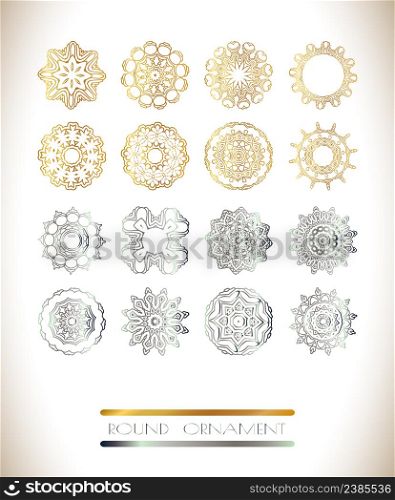 Ornamental lace pattern for wedding invitations and greeting cards. Gold, silver mandala on background. Traditional golden, silver decor. Golden, silver vector mandala set
