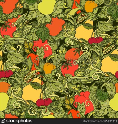 Ornamental leaves vegetables and fruits country style decorative seamless colored background pattern abstract vector illustration. Leaves vegetables and fruits seamless pattern
