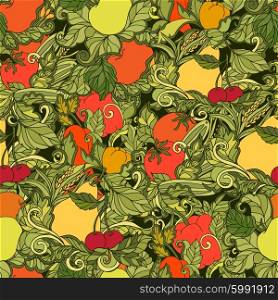 Ornamental leaves vegetables and fruits country style decorative seamless colored background pattern abstract vector illustration. Leaves vegetables and fruits seamless pattern