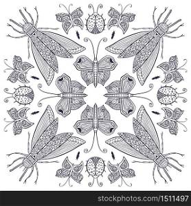 Ornamental Mandala with cute insects. Childish interior print design. Colouring book page for adults and kids. Black and white butterflies, moth and ladybugs. Ornamental Mandala with cute insects. Childish interior print design. Colouring book page for adults and kids. Black and white butterflies, moth and ladybugs.