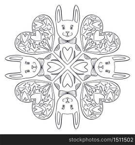 Ornamental Mandala with cute rabbits and hearts. Valentines or wedding day design. Childish interior print. Colouring book page. Black and white linear mandala pattern. Ornamental Mandala with cute rabbits and hearts. Valentines or wedding day design. Childish interior print. Colouring book page. Black and white linear mandala pattern.