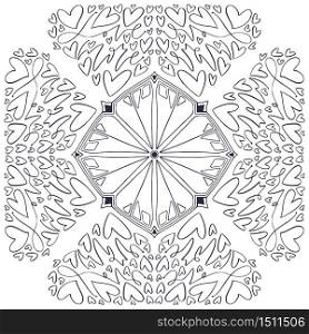 Ornamental Mandala with little hearts. Valentines or wedding day design. Love interior print. Colouring book page. Black and white line mandala pattern. Ornamental Mandala with little hearts. Valentines or wedding day design. Love interior print. Colouring book page. Black and white line mandala pattern.