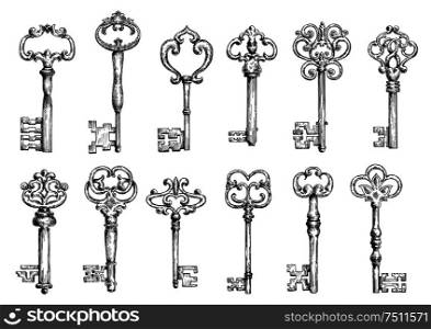 Ornamental medieval vintage keys with intricate forging, composed of fleur-de-lis elements, victorian leaf scrolls and heart shaped swirls.. Vintage keys sketches with swirl forging