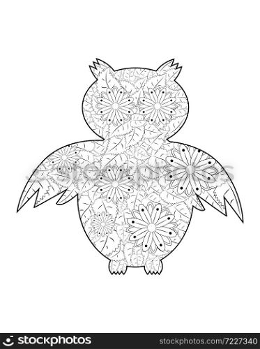 ornamental Owl, ethnic zentangled mascot, amulet, mask of bird, patterned animal for adult anti stress coloring pages.