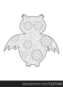 ornamental Owl, ethnic zentangled mascot, amulet, mask of bird, patterned animal for adult anti stress coloring pages.