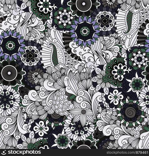 Ornamental pattern with flowers and swirls in grey and green colors. Vector illustration. Flowers and swirls decorative pattern