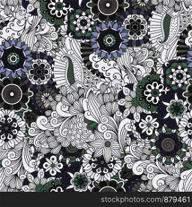 Ornamental pattern with flowers and swirls in grey and green colors. Vector illustration. Flowers and swirls decorative pattern