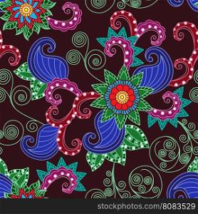Ornamental seamless floral vector pattern with colorful leaves and flowers on the dark bordoux background