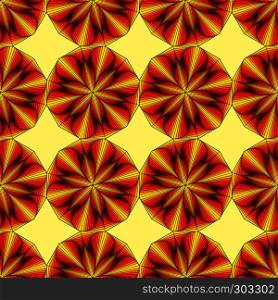 Ornamental seamless pattern with pseudo 3D visual effect in yellow, red and orange hues, vector handmade