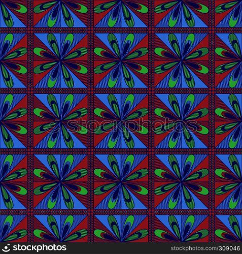 Ornamental seamless vector pattern in blue, red and green colors with flowers as a fabric texture in various colors