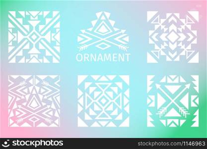 Ornamental squares white design set on blue and pink romantic background, vector illustration. Ornamental squares set