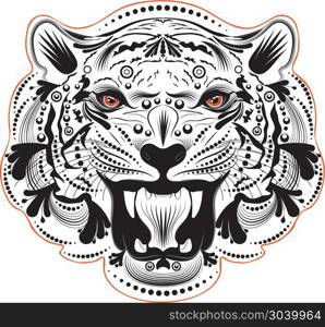 Ornamental Tiger Portrait. Stylized ornamental portrait of a roaring tiger with floral.