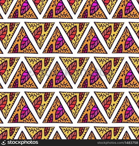 Ornamental triangled pattern with colorful leaves ornament. Seamless geomerical background. Folk ornament for textiles or tiles design. Ornamental triangled pattern with colorful leaves ornament. Seamless geomerical background. Folk ornament for textiles or tiles design.