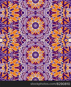 Ornamental wallpaper made of stylized flowers. Violet and Orange colors
