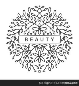 Ornaments and flora, botanical logotype with flowers and branches with foliage. Leafage with border for text, copy space and decor. Fashion and beauty. Colorless floral design, vector in flat style. Beauty colorless design with floral ornaments