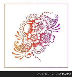 Ornate Asian style mehndi design. Elegant paisley floral ornament, Indian henna garland. Hand-drawn unique gradient folk design on white background for prints, mural, tattoo, logo, ads. Mehndi garland. Romantic Indian henna style floral design with paisleys, arches, beads