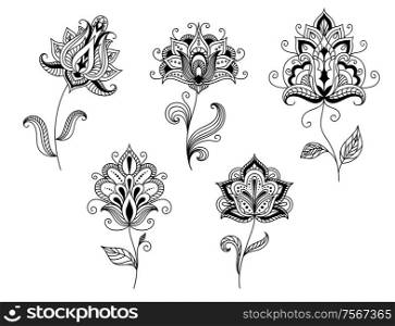Ornate calligraphic black and white floral motifs in persian paisley style for design isolated on white background. Black and white floral motifs of Persian style